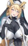  1girl absurdres armored_bodysuit black_gloves blonde_hair blue_eyes blush bodysuit braid breasts dress gloves goddess_of_victory:_nikke habit highres kurone_rinka large_breasts long_hair looking_at_viewer nun rapunzel_(nikke) revision smile solo standing very_long_hair 