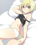  1girl ass black_shirt blonde_hair blue_eyes blush breasts butt_crack crotch erica_hartmann looking_at_viewer lying nanashino on_side open_mouth panties pillow shirt short_hair simple_background small_breasts solo underwear white_panties world_witches_series 