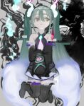  1girl bare_shoulders black_skirt black_sleeves closed_mouth commentary_request detached_arm detached_legs detached_sleeves distortion floating full_body ga4me4 ghost_miku_(project_voltage) glitch gradient_hair green_hair grey_background grey_shirt grey_thighhighs hair_between_eyes hatsune_miku highres long_hair looking_to_the_side mismagius multicolored_hair necktie pale_skin pokemon print_sleeves project_voltage see-through see-through_skirt shirt skirt sleeveless sleeveless_shirt sleeves_past_fingers sleeves_past_wrists solo thighhighs twintails very_long_hair vocaloid white_hair white_necktie yellow_eyes 