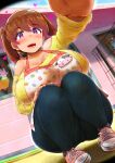  1girl :d apron ass black_pants blush breasts brown_hair cleavage converse curvy denim dutch_angle foreshortening hand_on_own_knee heart highres huge_breasts indoors jeans kindergarten_teacher long_sleeves looking_at_viewer original pants pink_footwear plump pov purple_eyes shirt shoes smile sneakers solo squatting twintails yellow_shirt yosyo 
