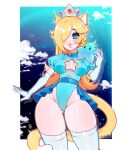  1girl alternate_costume animal_ears artist_name ass_visible_through_thighs black_eyes blonde_hair blue_background blue_eyes blue_gemstone blue_leotard blue_sky blush border breasts breasts_apart cameltoe cat_ears cat_girl cat_tail cleavage_cutout clothing_cutout cloud commentary cowboy_shot crown earrings elbow_gloves english_commentary frilled_leotard frills gem gloves gradient_sky grey_headwear groin hair_over_one_eye hand_up happy highleg highleg_leotard highres jewelry leotard lips long_hair looking_at_viewer luma_(mario) mario_(series) medium_breasts one_eye_covered open_mouth outdoors outline outside_border parted_lips pink_outline puffy_short_sleeves puffy_sleeves rebthgin red_gemstone rosalina sash shiny_skin short_sleeves sidelocks sky smile solo_focus sparkle standing star_(sky) star_(symbol) star_cutout star_earrings super_mario_galaxy tail thick_thighs thighhighs thighs twitter_username watermark whiskers white_border white_gloves white_thighhighs wide_hips 