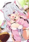  1girl absurdres animal_ears bell breasts cat_ears cat_girl commission dakimakura_(object) highres jacket large_breasts neck_bell open_mouth original pillow pink_jacket purple_eyes shiro9jira skeb_commission white_hair 