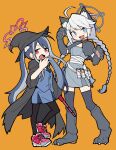  2girls alternate_costume animal_ears baton_(weapon) blue_archive blush expandable_baton fubuki_(blue_archive) halloween halloween_costume halo hat highres holding holding_weapon kirino_(blue_archive) long_hair mikaku_(vbvpahw9) multiple_girls orange_background shoes smoke_grenade sneakers twintails weapon werewolf_costume witch witch_hat wolf_ears 