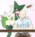  absurd_res anthro beef breast_squish breasts duo faceless_character faceless_male feeding felid feline female food fur generation_9_pokemon green_body green_fur hi_res human male male/female mammal mask meat meowscarada nintendo noconcession pokemon pokemon_(species) simple_background sitting squish steak thought_bubble trainer 