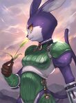  .hack// .hack//games 1girl animal_ears black_gloves cat_ears cat_tail collar cowboy_shot furry gloves green_armor holding holding_plant kagyu_nakamura looking_at_viewer mia_(.hack//) o-ring o-ring_collar plant profile purple_collar purple_tail slit_pupils smile solo standing tail yellow_eyes 