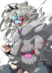  1girl anger_vein annihilape eri_(pokemon) eye_trail facepaint grey_eyes grey_hair light_trail long_hair mon!_(monmonlezard) necktie open_mouth pokemon pokemon_(creature) pokemon_(game) pokemon_sv purple_necktie red_eyes sparkle team_star teeth tiara 