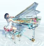  1girl artist_name barefoot black_hair commentary dress duplicate english_commentary fish flower flower_on_head grand_piano highres instrument looking_up music on_water original piano pixel-perfect_duplicate playing_instrument playing_piano short_hair sitting transparent white_background white_dress yuumei 