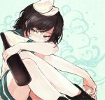  1girl black_footwear black_hair blush boots bottle commentary_request covered_mouth crossed_arms drunk green_background green_eyes green_sailor_collar half-closed_eyes hat hisona_(suaritesumi) holding holding_bottle knees_up looking_to_the_side murasa_minamitsu nose_blush sailor_collar sailor_hat shirt short_hair short_sleeves shorts sitting solo touhou white_headwear white_shirt white_shorts 