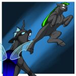  action_pose ambiguous_gender angry arthropod black_body black_fur changeling duo featureless_crotch feral fetlocks fight foxenawolf friendship_is_magic fur goldfur&#039;s_cogsverse green_hair hair hasbro hooves insect_wings long_path male my_little_pony pose wings 