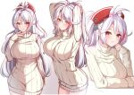  1girl alternate_costume antenna_hair arms_behind_head arms_up azur_lane blush breasts brown_eyes brown_sweater closed_mouth commentary_request dress gradient_background grey_background grey_hair hair_between_eyes hand_up headgear highres large_breasts long_hair long_sleeves looking_at_viewer motion_lines moyoron multicolored_hair multiple_views orange_eyes parted_bangs prinz_eugen_(azur_lane) puffy_long_sleeves puffy_sleeves red_hair ribbed_sweater simple_background sleeves_past_wrists smile streaked_hair sweater sweater_dress thighhighs turtleneck turtleneck_sweater upper_body very_long_hair white_background white_hair white_sweater white_thighhighs 