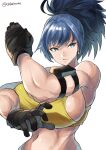  1girl armlet bare_shoulders black_gloves blue_eyes blue_hair breasts chikoinochi clenched_hand earrings gloves highres jewelry large_breasts leona_heidern navel ponytail simple_background solo tank_top the_king_of_fighters the_king_of_fighters_xv toned twitter_username white_background yellow_tank_top 