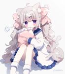  1girl ahoge animal_ear_fluff animal_ears bloomers blue_sailor_collar blush brown_hair cat_ears cat_girl cat_tail closed_mouth commentary_request dress feet_out_of_frame frilled_pillow frills grey_background hair_between_eyes hair_ribbon highres holding holding_pillow knees_up long_hair long_sleeves looking_at_viewer nakkar original pillow pink_ribbon puffy_long_sleeves puffy_sleeves purple_eyes ribbon sailor_collar sailor_dress simple_background sitting sleeves_past_wrists socks solo star_(symbol) tail tears twintails twitter_username underwear very_long_hair white_bloomers white_dress white_socks 