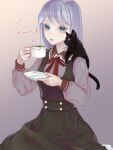  1girl animal_on_shoulder black_cat black_dress blue_eyes blush cat cat_on_shoulder collared_shirt commission cup dress enahamaru grey_background grey_hair grey_shirt highres holding holding_cup holding_saucer light_smile long_sleeves looking_at_viewer neck_ribbon original parted_lips pinafore_dress red_ribbon ribbon saucer shirt short_hair sitting sleeveless sleeveless_dress solo upper_body 