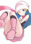  1girl absurdres beanie blue_eyes blue_hair boots commentary_request convenient_leg dawn_(pokemon) hat highres itou_kazuki kneehighs looking_at_viewer one_eye_closed pink_footwear piplup pokemon pokemon_(creature) pokemon_(game) pokemon_dppt simple_background smile socks white_background white_headwear 