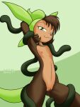  2023 anthro bedroom_eyes bodily_fluids brown_body brown_fur brown_hair chespin dripping female flat_chested fur generation_6_pokemon genital_fluids genitals green_background green_eyes green_tentacles hair hands_behind_head hi_res leina_(sandwich-anomaly) looking_at_viewer narrowed_eyes nintendo nipples nude pink_nipples pokemon pokemon_(species) pussy pussy_juice pussy_juice_drip pussy_juice_on_tentacle sandwich-anomaly seductive simple_background solo tentacle_around_arm tentacle_around_leg tentacles 