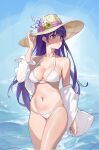  1girl absurdres bare_shoulders bikini blue_sky breasts commentary_request cowboy_shot day grin hat highres hoshino_ai_(oshi_no_ko) long_hair looking_to_the_side medium_breasts navel off_shoulder open_clothes open_shirt oshi_no_ko purple_eyes purple_hair shirt sky smile solo standing stomach sun_hat swimsuit thighs very_long_hair water white_bikini white_shirt wudongyouyi 