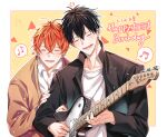  2boys black_hair black_jacket blush border cardigan closed_eyes crown_(symbol) given guitar hand_on_another&#039;s_arm happy_birthday highres instrument jacket long_sleeves lower_teeth_only male_focus multiple_boys musical_note open_mouth orange_hair pinoli_(pinoli66) satou_mafuyu shirt short_hair smile spoken_musical_note teeth uenoyama_ritsuka upper_body white_border white_shirt yellow_background 