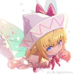  1girl artist_name blonde_hair blue_eyes blush capelet closed_mouth dress fairy fairy_wings fingernails from_above hat lily_white long_hair long_sleeves petals shiroi_karasu simple_background smile solo_focus touhou twitter_username white_background white_capelet white_dress white_headwear wings 