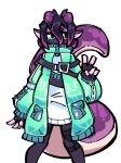  anthro big_tail clothed clothing dragon face_mask female fingerless_gloves gesture gloves gynomorph_(lore) hair handwear hi_res horn jacket legwear lilikoi_gumi open_clothing open_jacket open_topwear shockplace solo straps tail tights topwear v_sign 
