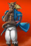  anthro athletic athletic_male blonde_hair blonde_sideburns bottomwear brown_body brown_fur canid canine claws clothing coat fangs fur hair hi_res loup-garou_(megami_tensei) male mammal multicolored_clothing multicolored_coat multicolored_topwear nliiz pants shin_megami_tensei_v solo teeth topwear were werecanid werecanine werewolf white_bottomwear white_clothing white_pants yellow_eyes 