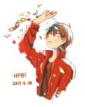  1boy :| arm_up blue_hair brown_hair brown_shirt casual closed_mouth collared_jacket colored_text commentary_request confetti cropped_torso dated double-parted_bangs fingernails flower_(symbol) gradient_background happy_birthday jacket kagerou_project kisaragi_shintarou long_sleeves looking_at_hand looking_up male_focus multicolored_hair paper_chain partial_commentary red_jacket shirt short_hair solo streaked_hair t-shirt track_jacket traditional_media upper_body wastegoma white_background 
