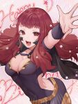  1girl belt black_bodysuit black_cape blush bodysuit breasts cape cleavage cleavage_cutout clothing_cutout commentary_request covered_navel dated fire_emblem fire_emblem_engage hair_ornament happy_birthday high_collar highres looking_at_viewer medium_breasts open_mouth red_eyes red_hair sakura_no_yoru short_sleeves smile solo star_(symbol) star_hair_ornament teeth yellow_belt yunaka_(fire_emblem) 