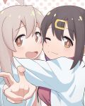  2girls :d ;) absurdres ahoge black_hair blanc_uke brown_eyes cheek-to-cheek commentary grey_hair hair_between_eyes hair_ornament hairclip heads_together highres hug labcoat long_hair long_sleeves looking_at_viewer multiple_girls one_eye_closed onii-chan_wa_oshimai! open_mouth oyama_mahiro oyama_mihari polka_dot polka_dot_background portrait red_shirt shirt siblings simple_background sisters smile v 