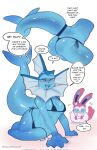  anthro bikini bikini_bottom bikini_top blue_eyes clothing duo eeveelution english_text female fur generation_1_pokemon generation_6_pokemon hi_res nintendo open_mouth pokemon pokemon_(species) sincastermon speech_bubble swimwear sylveon text vaporeon white_body white_fur 