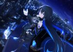  1girl bare_shoulders black_hair blue_eyes bug butterfly gloves hand_up highres kamitsubaki_studio koko_(kamitsubaki_studio) long_hair looking_at_viewer mikisai night outdoors solo standing 