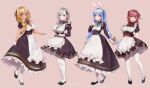  4girls animal_ears apron black_dress black_footwear blonde_hair blue_hair blush braid carrot_hair_ornament closed_mouth dark-skinned_female dark_skin dress food-themed_hair_ornament gloves grey_hair hair_ornament hair_ribbon hololive hololive_fantasy houshou_marine long_hair looking_at_viewer maid maid_apron maid_headdress mary_janes multicolored_hair multiple_girls open_mouth pantyhose pointy_ears rabbit_ears red_eyes red_hair red_ribbon ribbon seele0907 shiranui_flare shirogane_noel shoes single_braid smile streaked_hair tachi-e twin_braids two-tone_hair usada_pekora virtual_youtuber white_apron white_gloves white_hair white_pantyhose yellow_eyes 