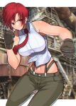  1girl akisu_k breasts brown_gloves brown_pants character_request closed_mouth collared_shirt copyright_request gloves large_breasts midriff motion_blur navel necktie outdoors pants red_hair red_necktie shirt short_hair sleeveless sleeveless_shirt solo teeth v-shaped_eyebrows white_shirt 