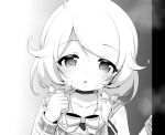  1girl :o blush bow bowtie checkered_clothes choker clenched_hand collarbone commentary dot_nose dress greyscale hair_flaps hair_ribbon half-closed_eyes hand_up highres hosizora_mikoto idolmaster idolmaster_cinderella_girls idolmaster_cinderella_girls_u149 looking_at_viewer low_twintails medium_hair monochrome ribbon solo steam sweat twintails upper_body wrist_cuffs yusa_kozue 