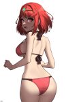  absurdres artist_name ass bikini blush breasts core_crystal_(xenoblade) from_behind highres large_breasts lower_teeth_only open_mouth pyra_(xenoblade) red_bikini red_eyes red_hair short_hair simple_background swimsuit teeth underboob white_background x_xith_x xenoblade_chronicles_(series) xenoblade_chronicles_2 