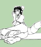  ambiguous_gender anthro black_hair bottomless claws clothed clothing didelphid embarrassed feet foot_focus footwear hair leg_warmers legwear line_art lying male mammal marsupial microsoft_paint monochrome on_side possum simple_background socks solo solo_focus sweater tanakagundam toe_claws toes topwear virginia_opossum 