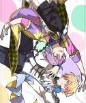  2boys absurdres ascot black_vest blonde_hair blue_hair blue_shirt coat falling gloves highres hoshi-toge jacket kamishiro_rui long_sleeves looking_at_another male_focus multicolored_hair multiple_boys neck_ribbon open_mouth project_sekai purple_coat purple_hair ribbon shirt smile streaked_hair teeth tenma_tsukasa vest white_ascot white_gloves white_jacket yellow_eyes yellow_ribbon 