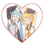  2girls arm_up blonde_hair blue_hair blush closed_eyes collared_shirt detached_sleeves flipped_hair grin hair_ornament hairclip hatsune_miku headphones heart heart_arms_duo highres kagamine_rin long_hair long_sleeves m0ti multiple_girls neckerchief necktie open_mouth sailor_collar shirt short_hair sleeveless sleeveless_shirt smile twintails upper_body vocaloid 