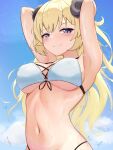  1girl absurdres animal_ears armpit_crease armpits arms_behind_head arms_up bikini blonde_hair blush breasts cleavage curled_horns english_commentary front-tie_top highres hololive horns large_breasts long_hair looking_at_viewer navel purple_eyes sheep_girl sheep_horns smile solo swimsuit telomere tsunomaki_watame underboob virtual_youtuber white_bikini 
