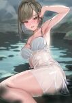  1girl arm_up armpits blunt_bangs blush bra breasts brown_hair character_request cleavage copyright_request dress earrings feet_out_of_frame highres jewelry kanzarin large_breasts open_mouth outdoors partially_submerged red_eyes rock see-through short_hair solo sundress thighs underwear virtual_youtuber water wet wet_clothes wet_dress white_bra white_dress 