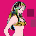  1girl animal_print bikini english_text glitch green_eyes green_hair highres long_hair looking_to_the_side lum muda_rengo_to_ziggy_stardust navel parted_bangs pink_background pointy_ears sidelocks smile solo swimsuit tiger_print upper_body urusei_yatsura yellow_bikini 