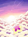  above_clouds cloud commentary_request flying from_behind full_body harukui highres kirby kirby_(series) no_humans outdoors red_footwear riding shooting_star sky solo star_(sky) star_(symbol) sun warp_star 