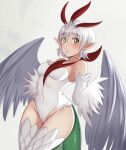  1girl adeline_leona bandana bare_shoulders breasts cameltoe cockatrice_(monster_girl_encyclopedia) commentary_request covered_navel feathered_wings feathers hair_between_eyes harpy highres leotard lizard_tail looking_at_viewer monster_girl monster_girl_encyclopedia open_mouth pointy_ears red_bandana scales simple_background small_breasts solo tail white_background white_feathers white_hair white_leotard white_wings winged_arms wings yellow_eyes 