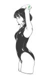  1girl arms_up bare_shoulders black_one-piece_swimsuit collared_one-piece_swimsuit cropped_legs expressionless from_side green_nails highres looking_to_the_side monochrome nail_polish one-piece_swimsuit original partially_colored sakamoto_giulietta short_hair simple_background solo spot_color standing swimsuit white_background 