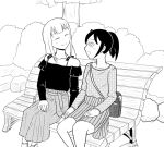  2girls :d bag bags_under_eyes bare_shoulders bench closed_eyes closed_mouth commentary_request english_commentary enuezu greyscale happy highres katou_asuka kuroki_tomoko long_hair long_skirt long_sleeves mixed-language_commentary monochrome multiple_girls on_bench open_mouth outdoors park_bench pleated_skirt ponytail shirt shirt_tucked_in sideways_mouth sitting sitting_on_bench skirt smile split_mouth watashi_ga_motenai_no_wa_dou_kangaetemo_omaera_ga_warui! yuri 