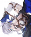  1girl absurdres arms_behind_back ass bare_shoulders bdsm blue_eyes bondage bound bound_ankles bound_arms bound_legs bound_thighs dress grey_hair hair_between_eyes hair_ornament highres hogtie honkai_(series) honkai_impact_3rd lin_jingling long_hair looking_at_viewer navel restrained rope shibari shibari_over_clothes solo theresa_apocalypse thighhighs white_background white_hair 