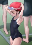 1girl 2others armpits arms_up black_one-piece_swimsuit blurry brown_eyes brown_hair competition_school_swimsuit cowboy_shot depth_of_field flat_chest goggles goggles_on_head highres multiple_others one-piece_swimsuit original red_headwear rohitsuka school_swimsuit short_hair solo_focus swim_cap swimsuit 