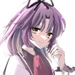  1girl blurry blurry_background bob_cut bow brown_eyes eiyuu_densetsu hair_between_eyes hair_bow looking_at_viewer natsusechoco portrait purple_hair renne_(eiyuu_densetsu) short_hair simple_background smile solo sora_no_kiseki upper_body white_background 