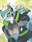  anthro aoi_tachi0 blonde_hair blue_body blue_fur blush carrying child duo father_(lore) father_and_child_(lore) father_and_son_(lore) felid fur green_eyes hair hi_res lifewonders live_a_hero male mammal muscular muscular_anthro muscular_male pantherine parent_(lore) parent_and_child_(lore) parent_and_son_(lore) piggyback rexer sleeping son_(lore) striped_body striped_fur stripes tiger young 