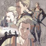  1boy armor beard beard_stubble character_name decoponmagi facial_hair final_fantasy final_fantasy_xvi gav_(ff16) gloves hair_slicked_back highres looking_at_viewer scar scar_across_eye smile standing sword translation_request weapon 