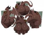  anthro backsack balls big_butt brown_body butt demon dragon genitals glistening glistening_body gorwyll grin hi_res horn huge_butt kneeling looking_at_viewer looking_back looking_back_at_viewer male motion_lines multiple_images muscular muscular_male no_pupils rear_view red_sclera shoulder_pads simple_background smile solo sssonic2 standing tail three-quarter_view wings yellow_eyes 