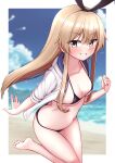  1girl absurdres bare_legs barefoot beach bikini black_bikini blonde_hair blush breasts collarbone fingernails highres jacket kantai_collection long_hair looking_at_viewer navel ocean open_clothes open_jacket shimakaze_(kancolle) small_breasts solo swimsuit tiemu_(man190) white_jacket yellow_eyes 